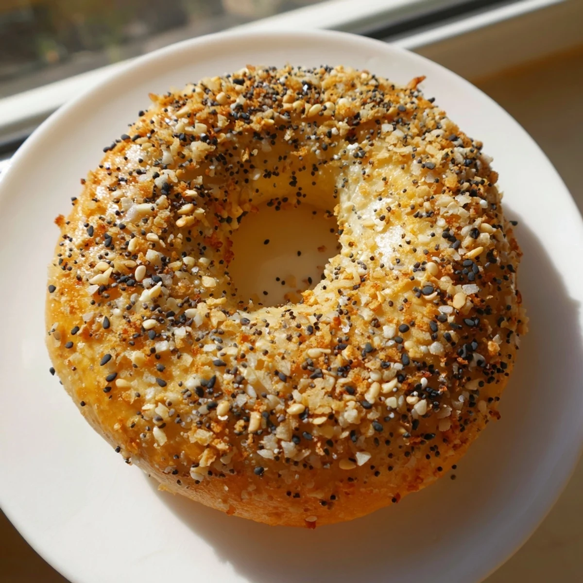A close-up of warm, homemade Everything Bagel Yogurt Bagels, slightly crisp and perfectly toasted.