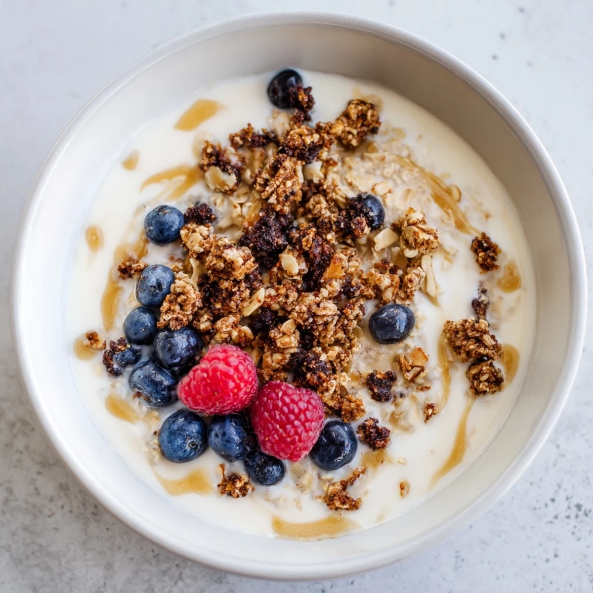 Indulgent Overnight Oats Gourmet Makeover breakfast with a tempting swirl of peanut butter and maple syrup.