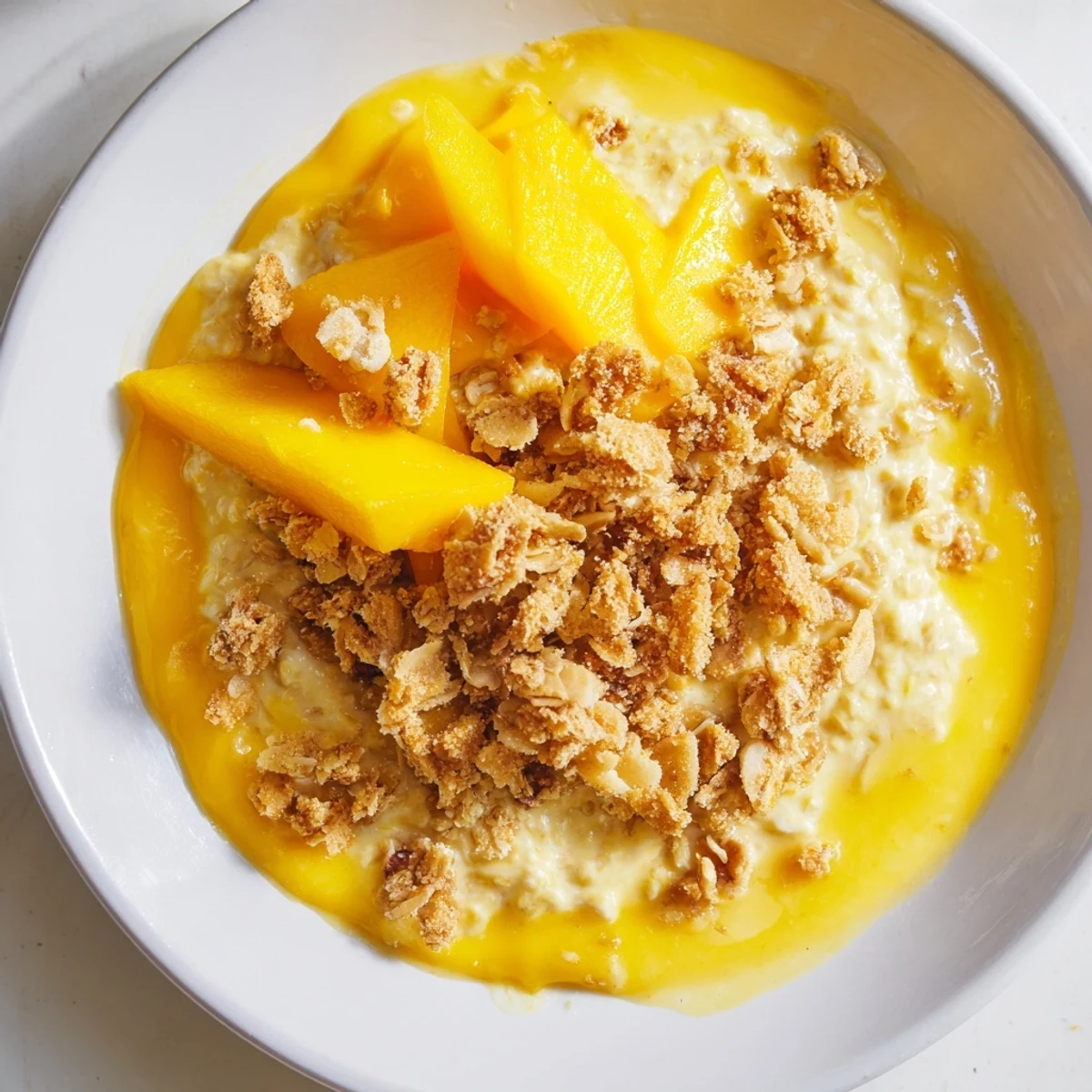 Vibrant mango blended overnight oats, cold and creamy, offer a refreshing, tropical breakfast served in a glass.