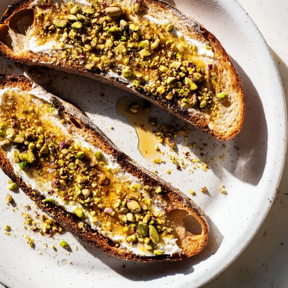 A close-up of pistachio butter toast, showing a swirl of honey over the creamy spread and nuts.