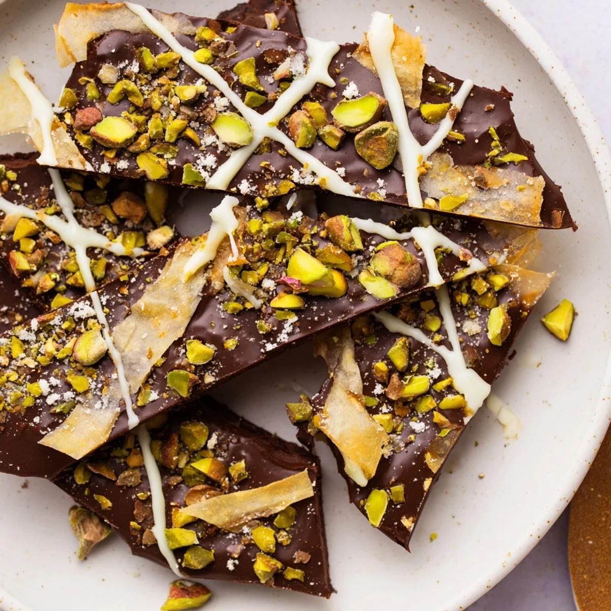 Glorious Pistachio Dubai Chocolate Bark with layers of chocolate and crunchy pistachios, ready to break and eat.