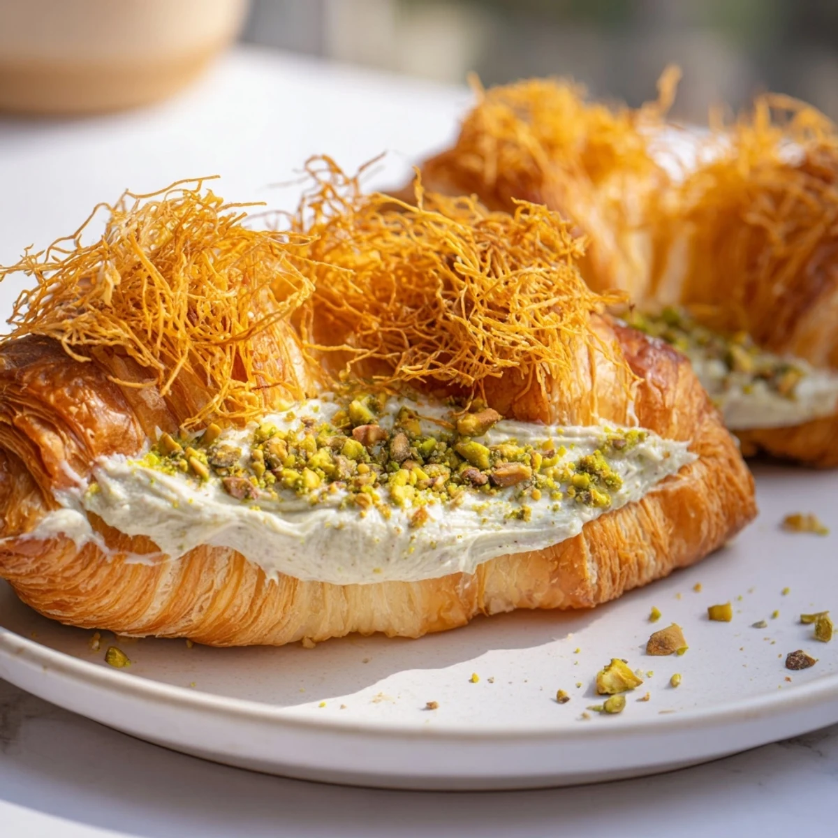 Fluffy, buttery Pistachio Cream Croissants, with toasted phyllo topping, ready to tempt your sweet tooth.