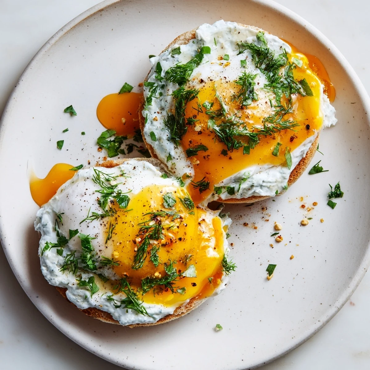 Fluffy poached eggs atop creamy yogurt, finished with spiced butter in these Çılbır Eggs Benedict.