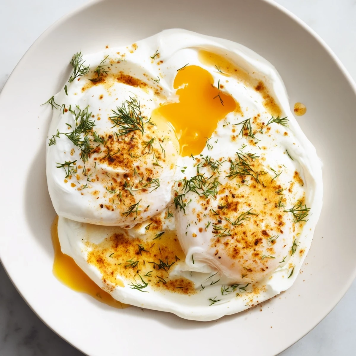 Silky poached eggs sit atop creamy yogurt, glistening with spiced brown butter in this Cilbir.