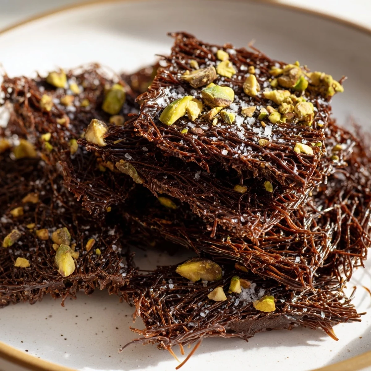 Irresistible closeup showcases Kataifi Chocolate Crunch Bark, offering a delightful mix of sweet, salty textures.