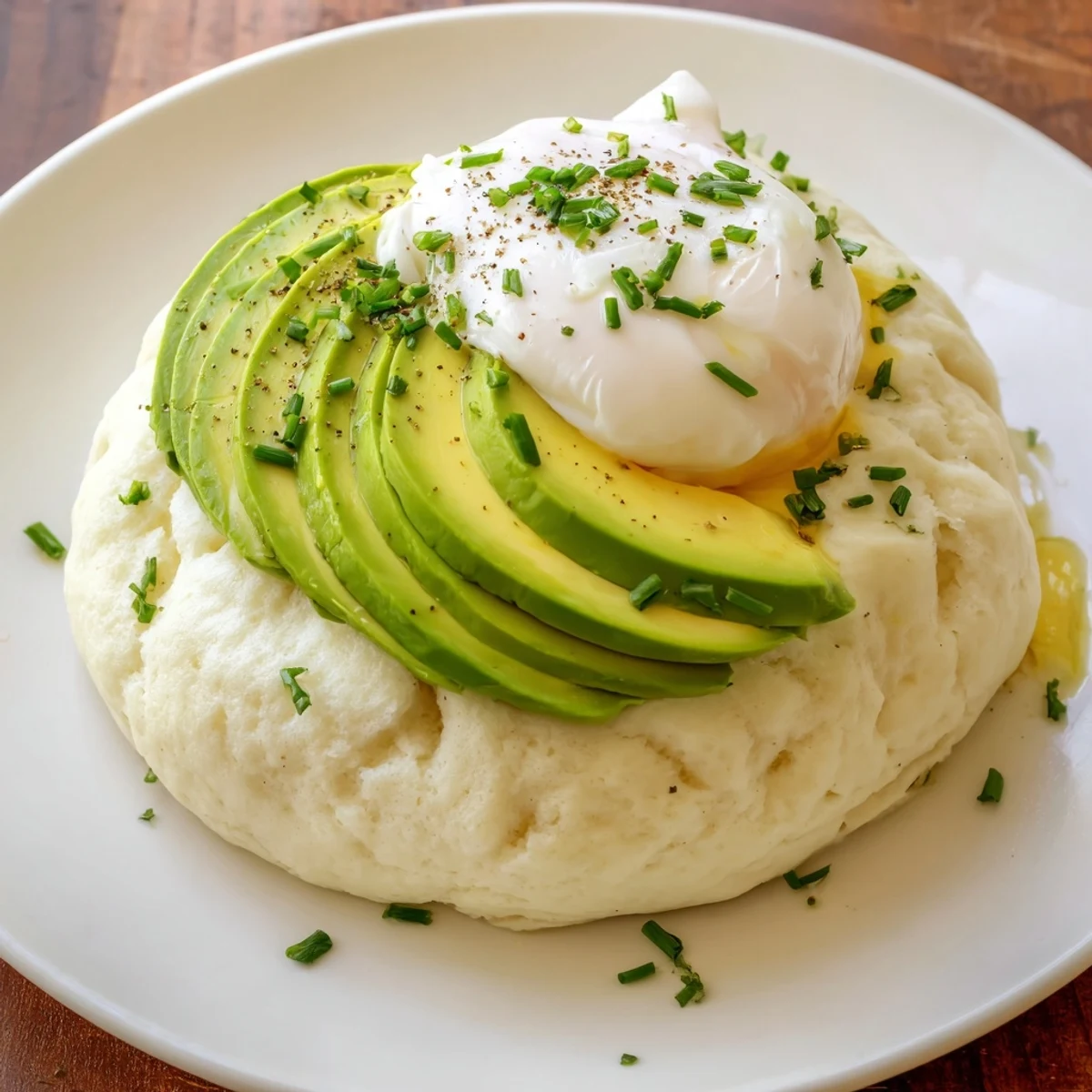 A close-up of light and airy cloud bread breakfast clouds with vibrant yellow egg yolks and fresh avocado.