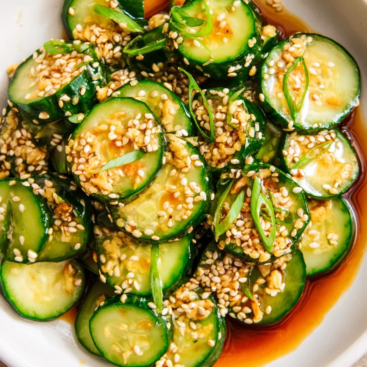 Close-up of bright green Shake Shake Garlic Cucumbers, tossed with a flavorful sauce in a bowl.