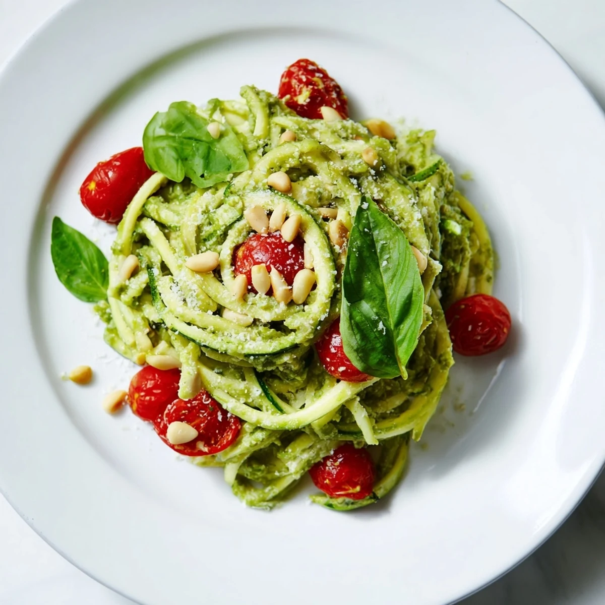 Vibrant avocado pesto zoodles, a healthy pasta alternative, is tossed with juicy cherry tomatoes.