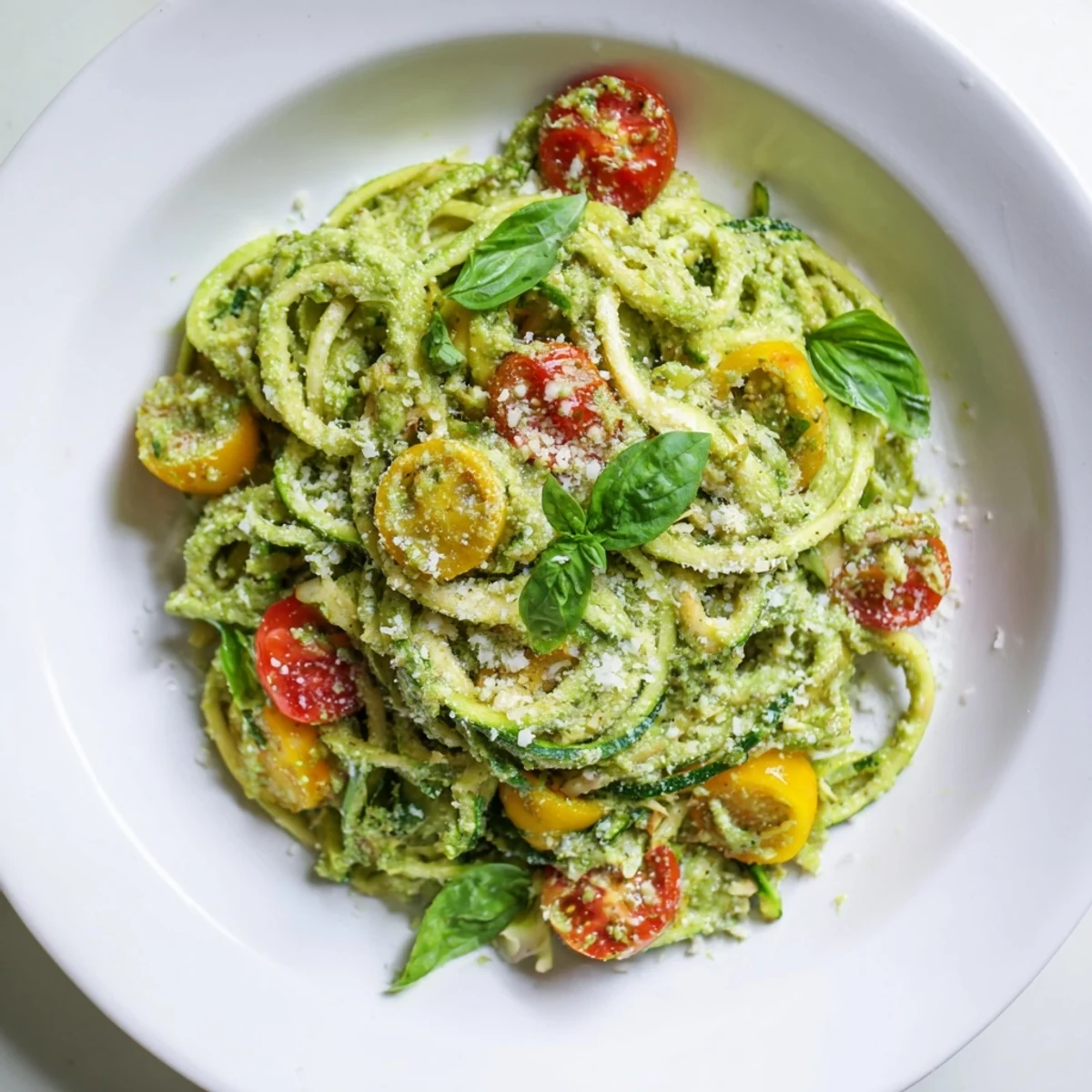 Fresh basil garnishes a bowl of creamy avocado pesto zoodles, ready for a delicious lunch.