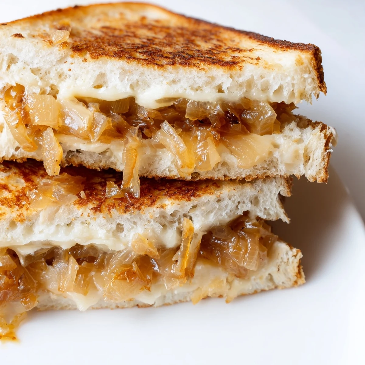 Golden, buttery sourdough sandwiches stuffed with sweet caramelized onions and melted sharp white cheddar on a rustic plate.