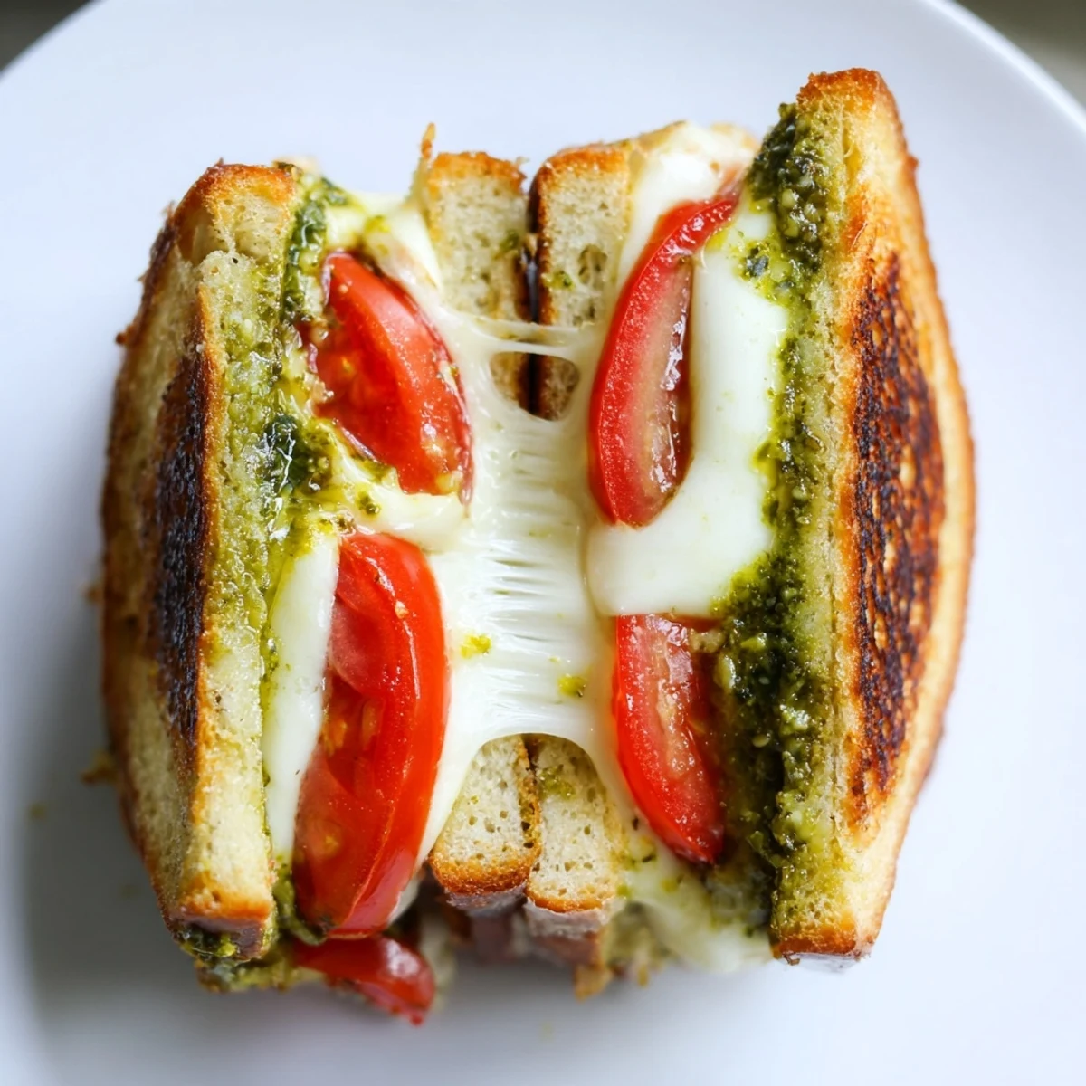 A close-up of a golden, crispy Caprese Pesto Grilled Cheese sandwich with melted mozzarella and ripe tomato slices, served on a wooden board.
