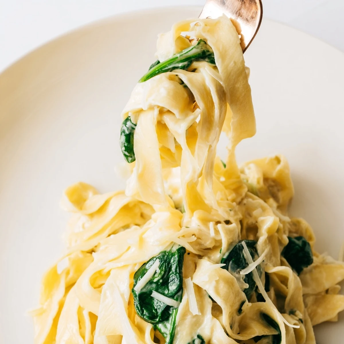 Creamy Garlic Spinach Pasta features fettuccine noodles coated in a rich, velvety garlic cream sauce with vibrant wilted spinach.