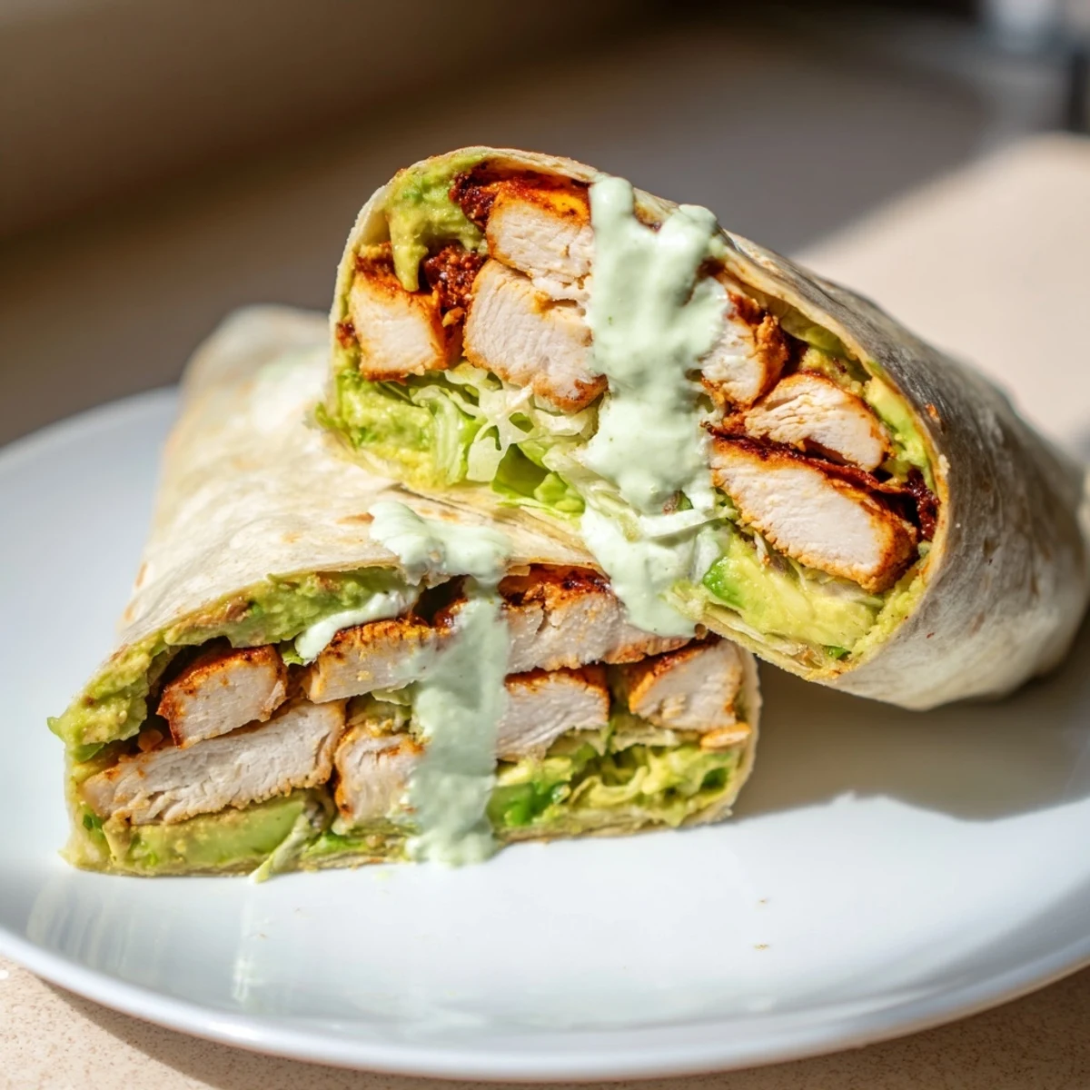 Freshly assembled Smoky Chipotle Chicken Wrap on a wooden board, garnished with cilantro and served with lime wedges.