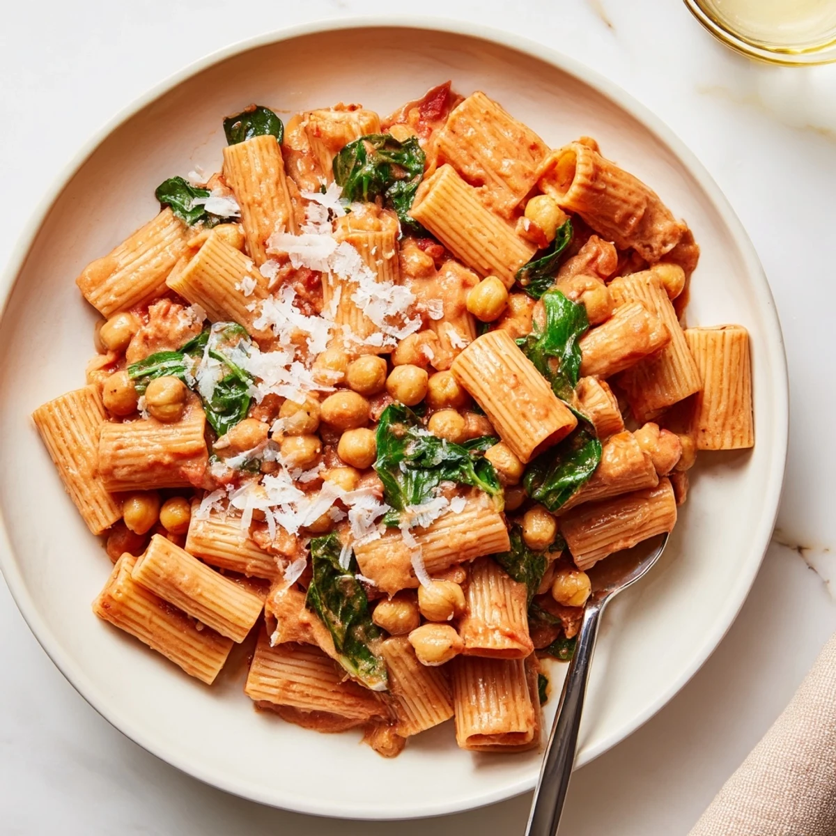 A close-up view of Creamy Tuscan Chickpea Pasta with steam rising, highlighting creamy sauce clinging to penne and fresh basil garnish.  