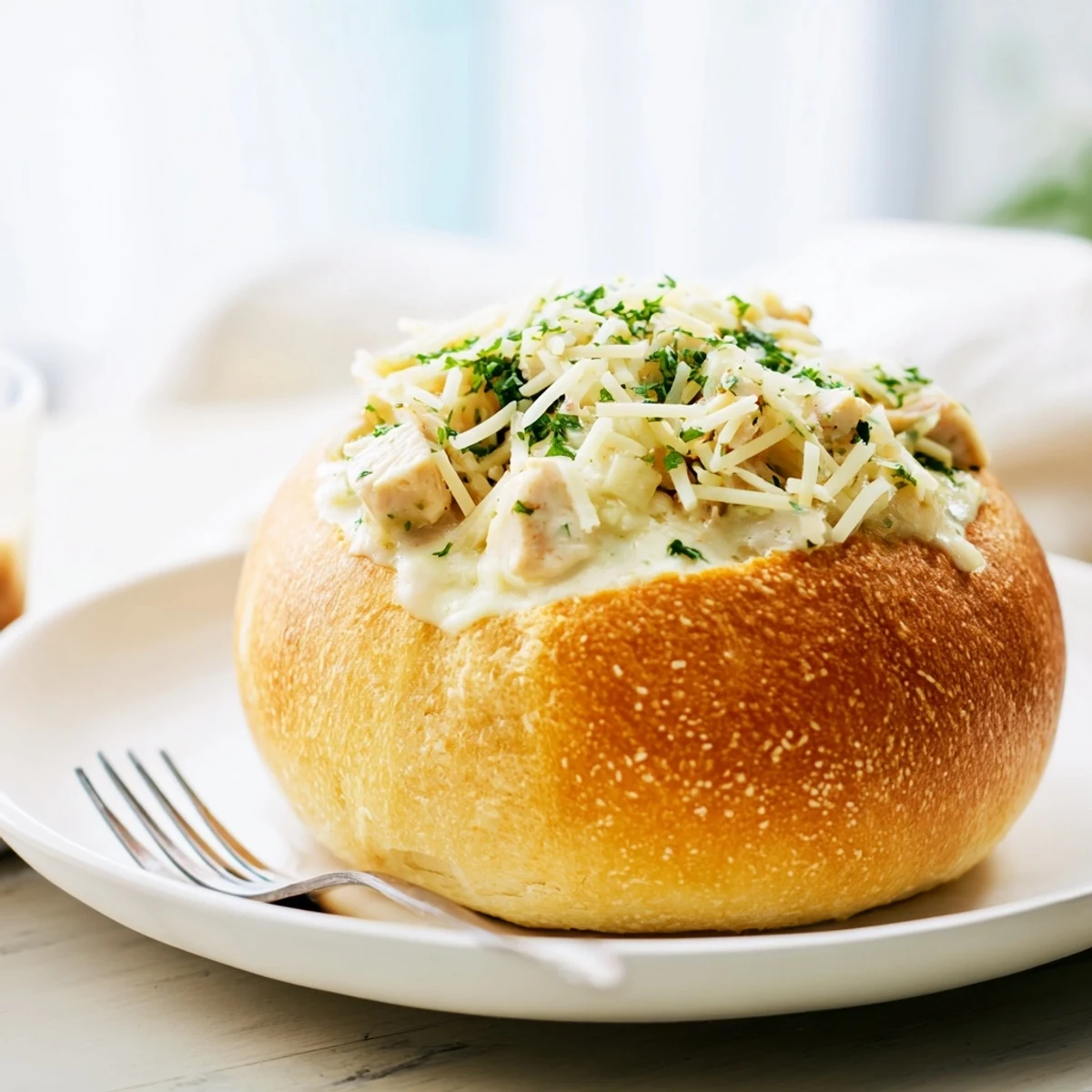 Savory diced chicken coated in a velvety Alfredo sauce, served in a toasted bread bowl ready for a family-style meal.