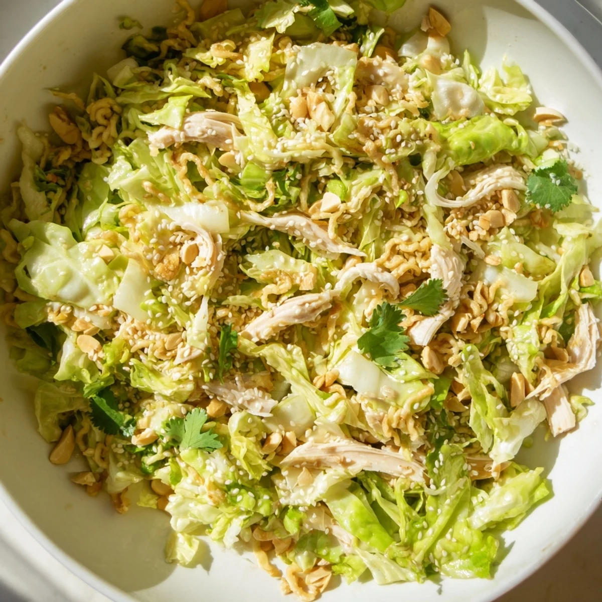 Golden toasted almonds and tender rotisserie chicken shine in this vibrant Crunchy Ramen Chicken Salad, perfect for potlucks.