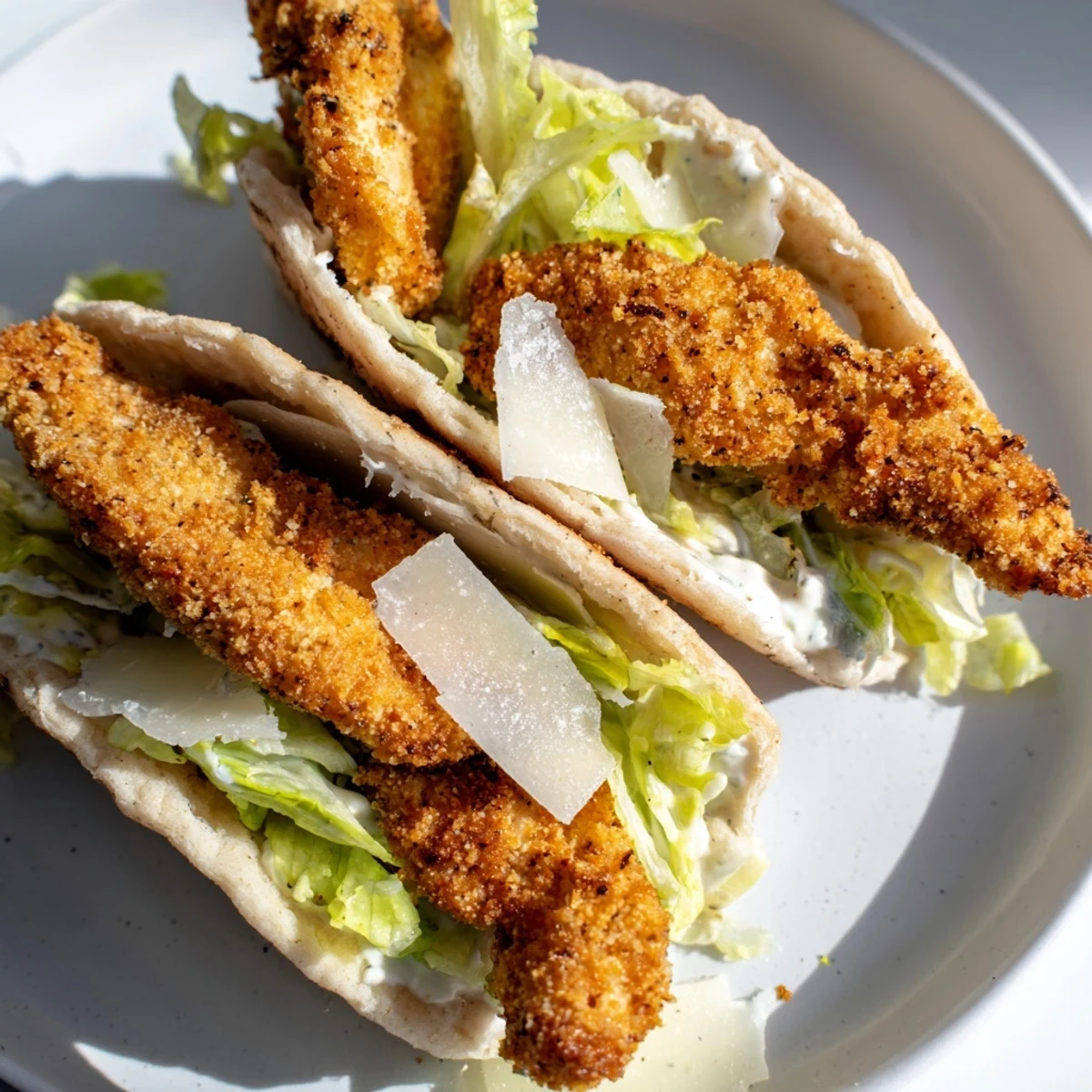 Golden crispy air-fried chicken strips tucked into warm pita bread with fresh romaine Caesar salad.