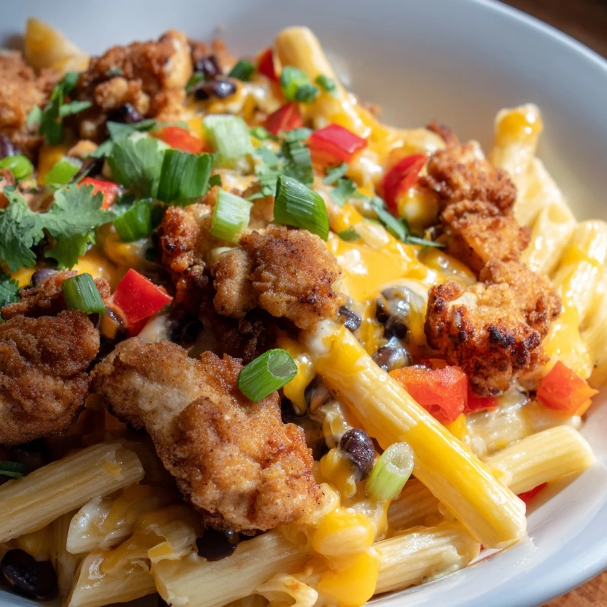 Golden, crispy chicken pieces nestled in a creamy, cheesy Tex-Mex pasta with black beans and corn.