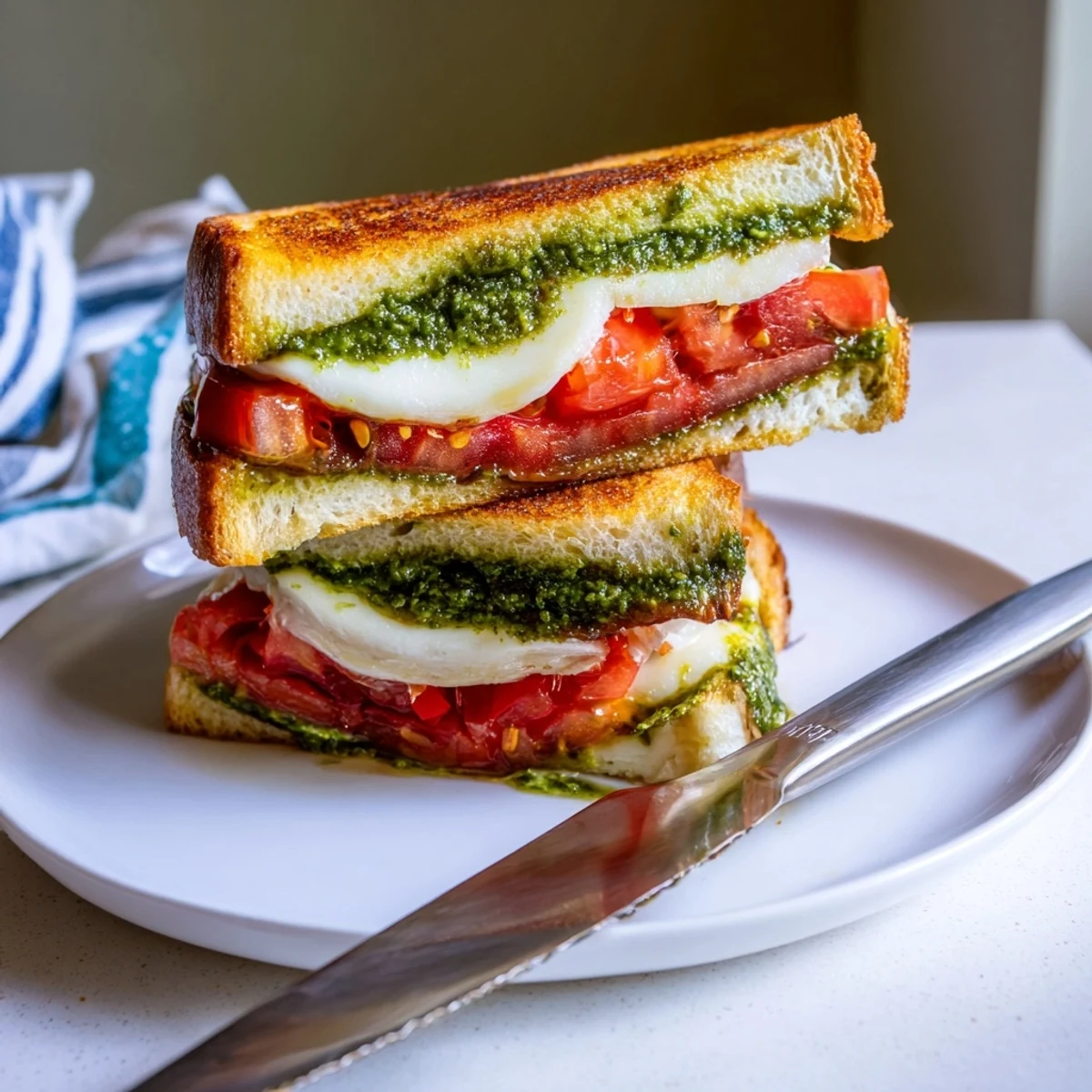 Sizzling Caprese Pesto Grilled Cheese in a skillet, with juicy tomatoes and molten mozzarella peeking from buttery, toasted bread.