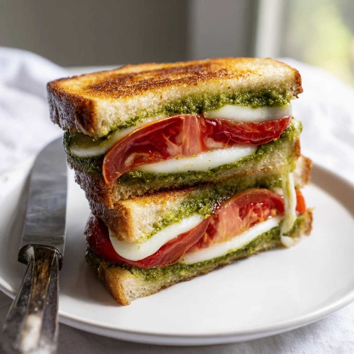 Close-up of a Caprese Pesto Grilled Cheese, highlighting golden crust, vibrant tomato rounds, and fresh basil garnish on a plate.