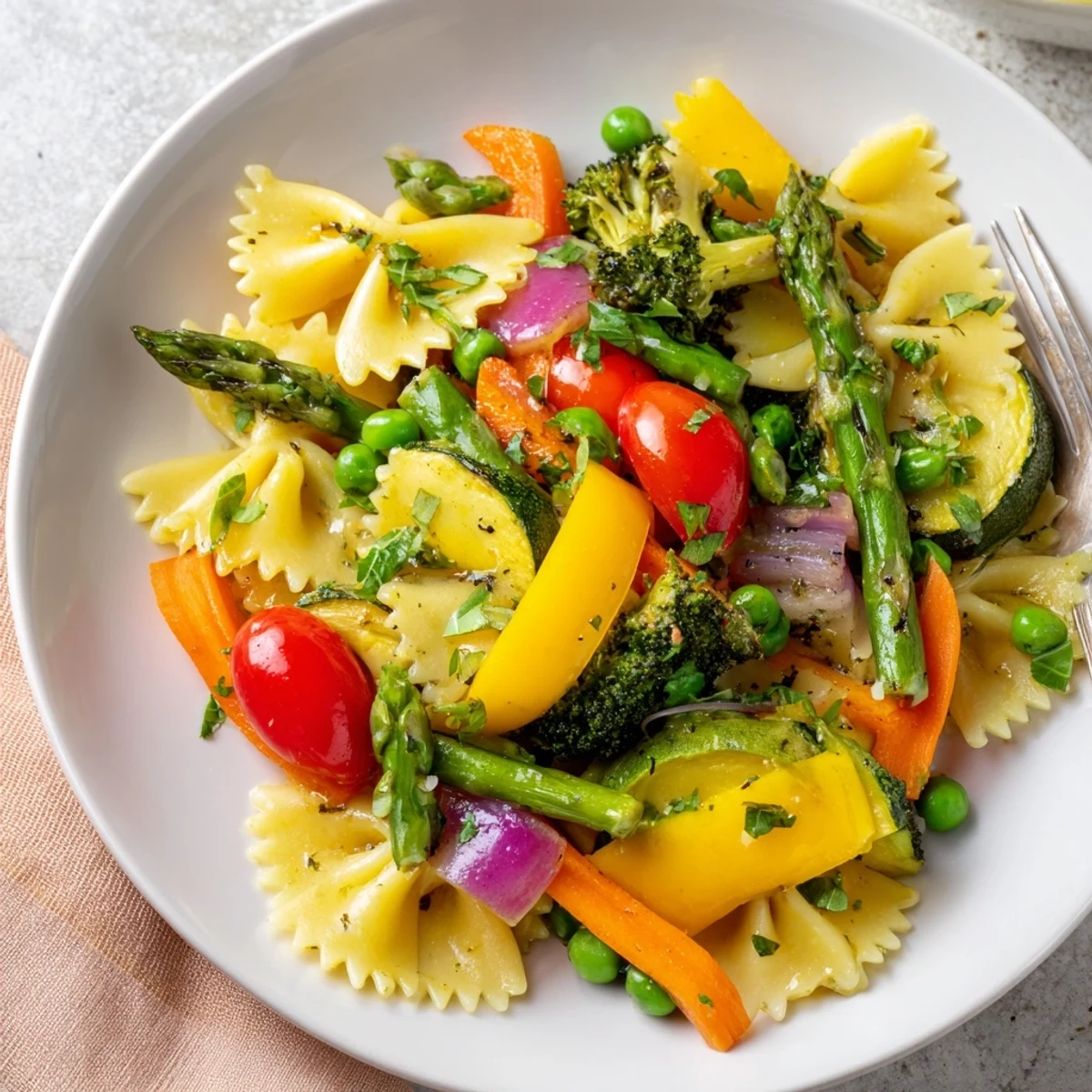 Rainbow Veggie Pasta Primavera in a white bowl showcases colorful bow-tie pasta tossed with crisp spring vegetables like asparagus and cherry tomatoes.  