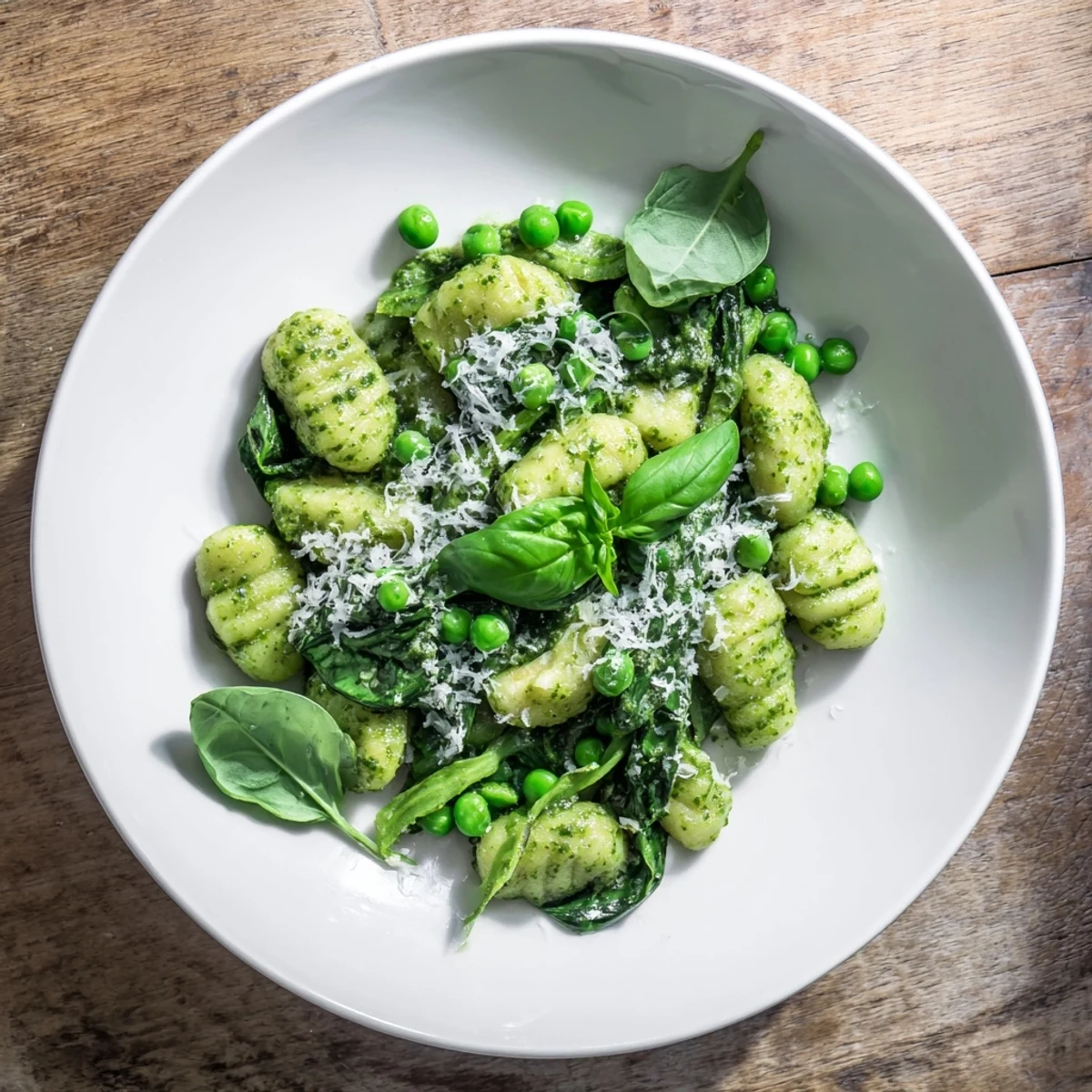 Golden, crispy gnocchi and bright green peas coated in basil pesto in a skillet.