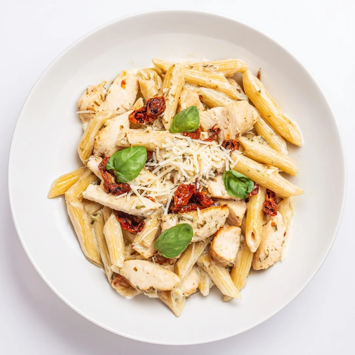 Creamy sun-dried tomato chicken pasta in a skillet, garnished with fresh basil and extra Parmesan, perfect for a cozy weeknight Italian-American dinner.  