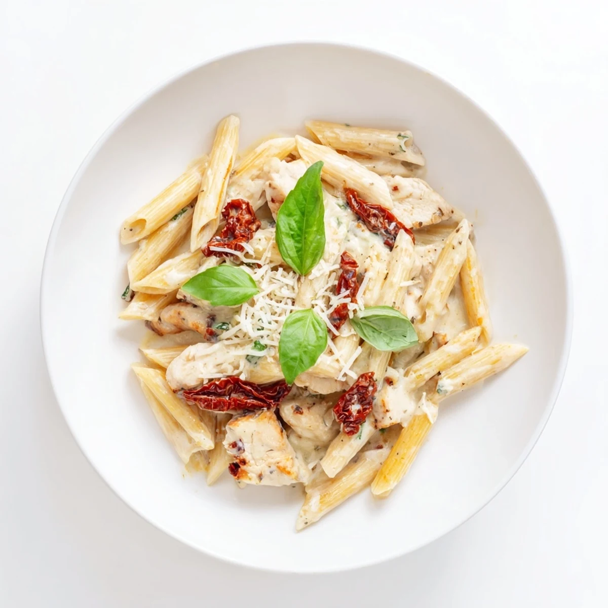 A close-up of penne pasta coated in a rich, garlicky cream sauce with juicy chicken strips and sun-dried tomatoes, ready to serve.  