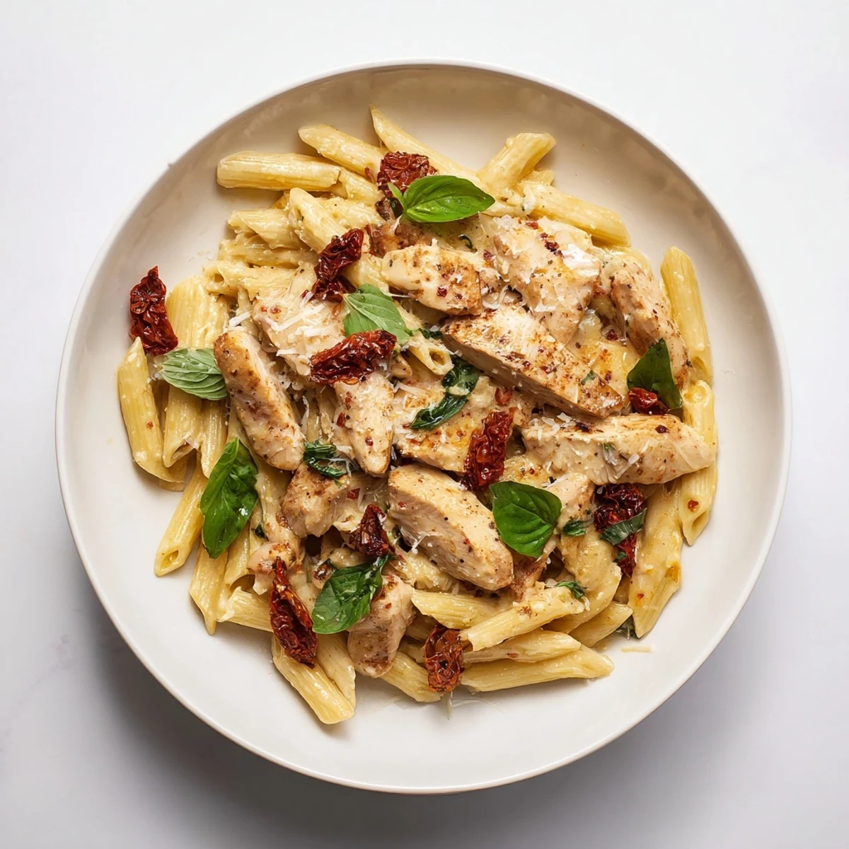 Golden chicken and sun-dried tomatoes tossed in a luscious cream sauce with penne, garnished with fresh herbs for an easy family meal.
