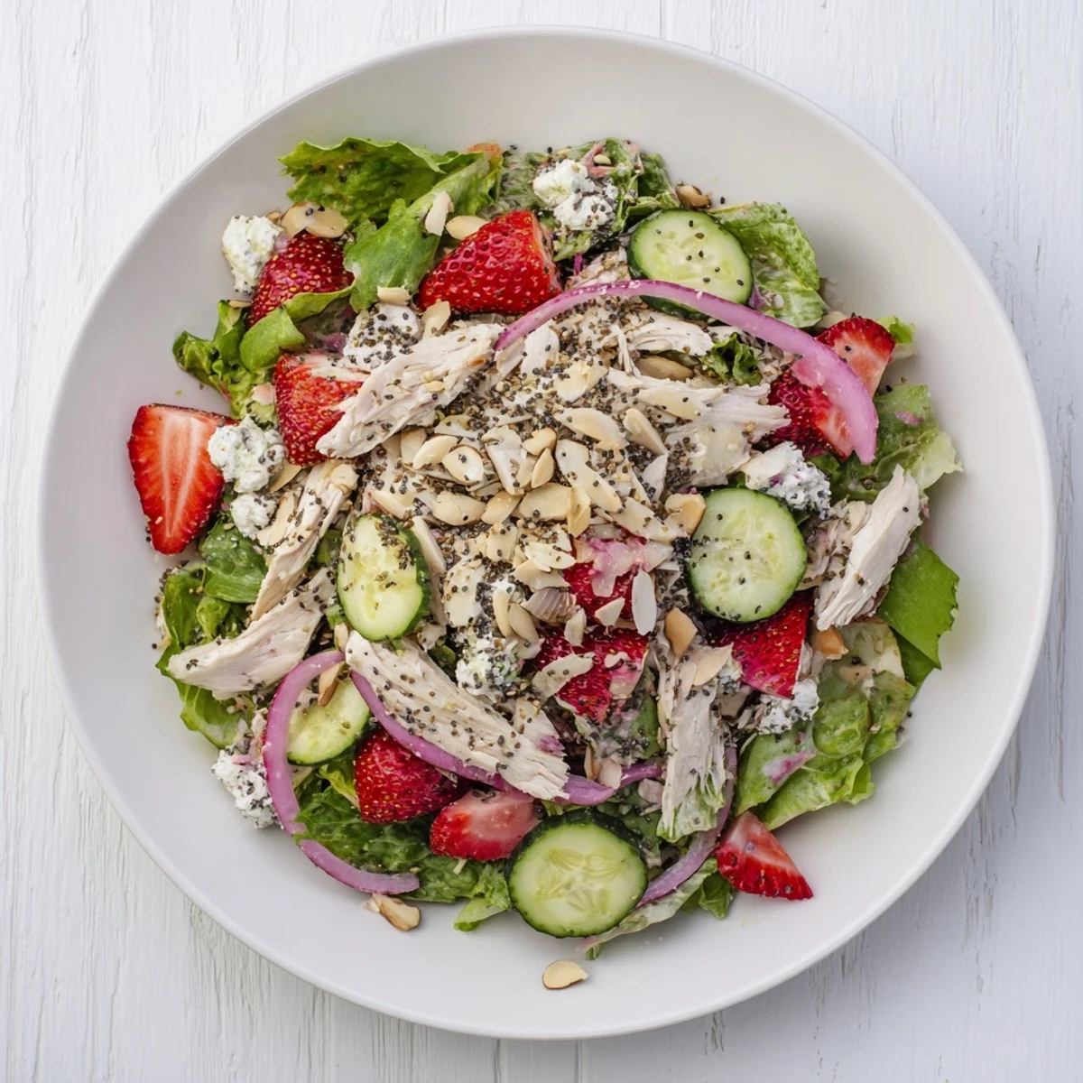 A light lunch of Strawberry Poppy Seed Chicken Salad with poached chicken, sweet berries, and creamy poppy seed dressing ready for a sunny patio meal.
