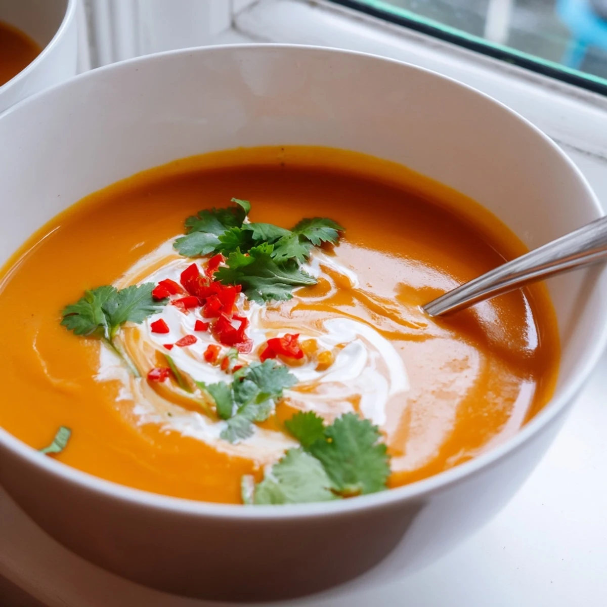 Steam rises from this creamy Carrot, Celeriac, and Chilli Soup in a rustic white ceramic bowl.  