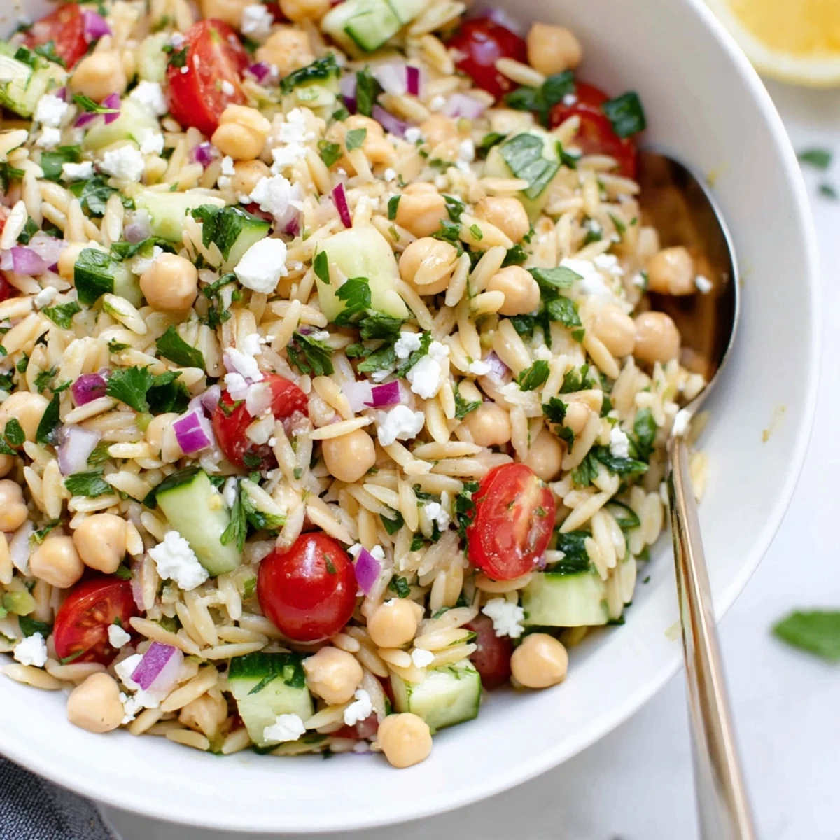 A fresh bowl of Lemony Chickpea Orzo Salad topped with crumbled feta, ready for a summer picnic or light lunch.