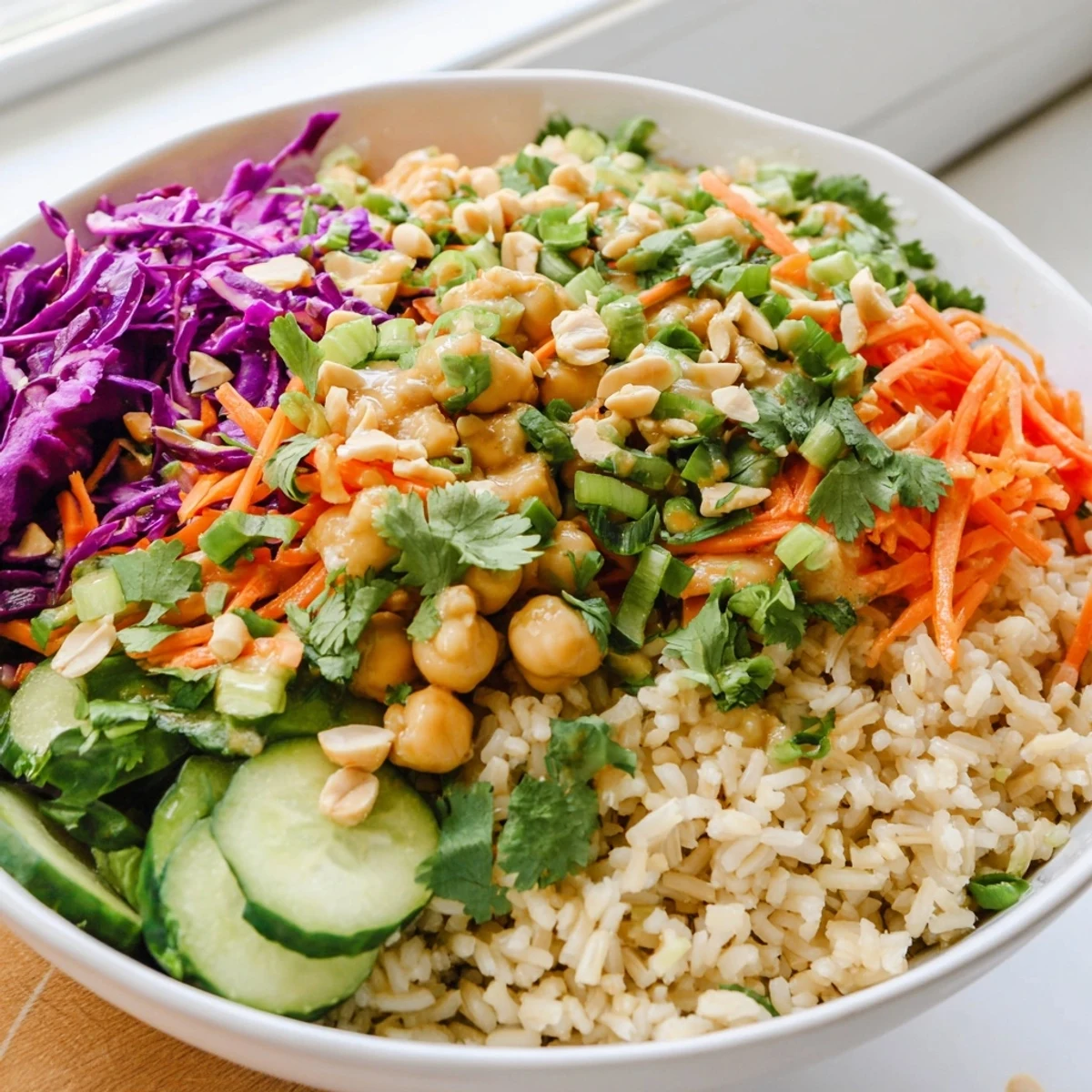 A vibrant Peanut Chickpea Rice Bowl with fluffy brown rice topped with chickpeas, shredded carrots, red cabbage, and cucumber, all drizzled with a creamy peanut dressing.