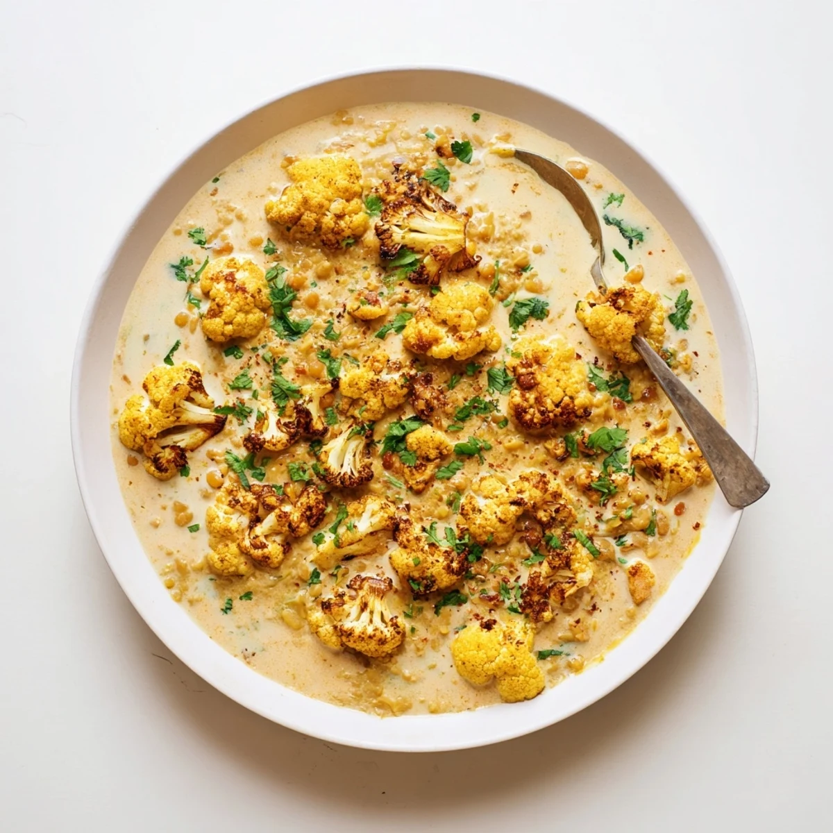 A warm bowl of spiced dhal featuring tender red lentils and crispy, golden-brown cauliflower, perfect for a cozy dinner.