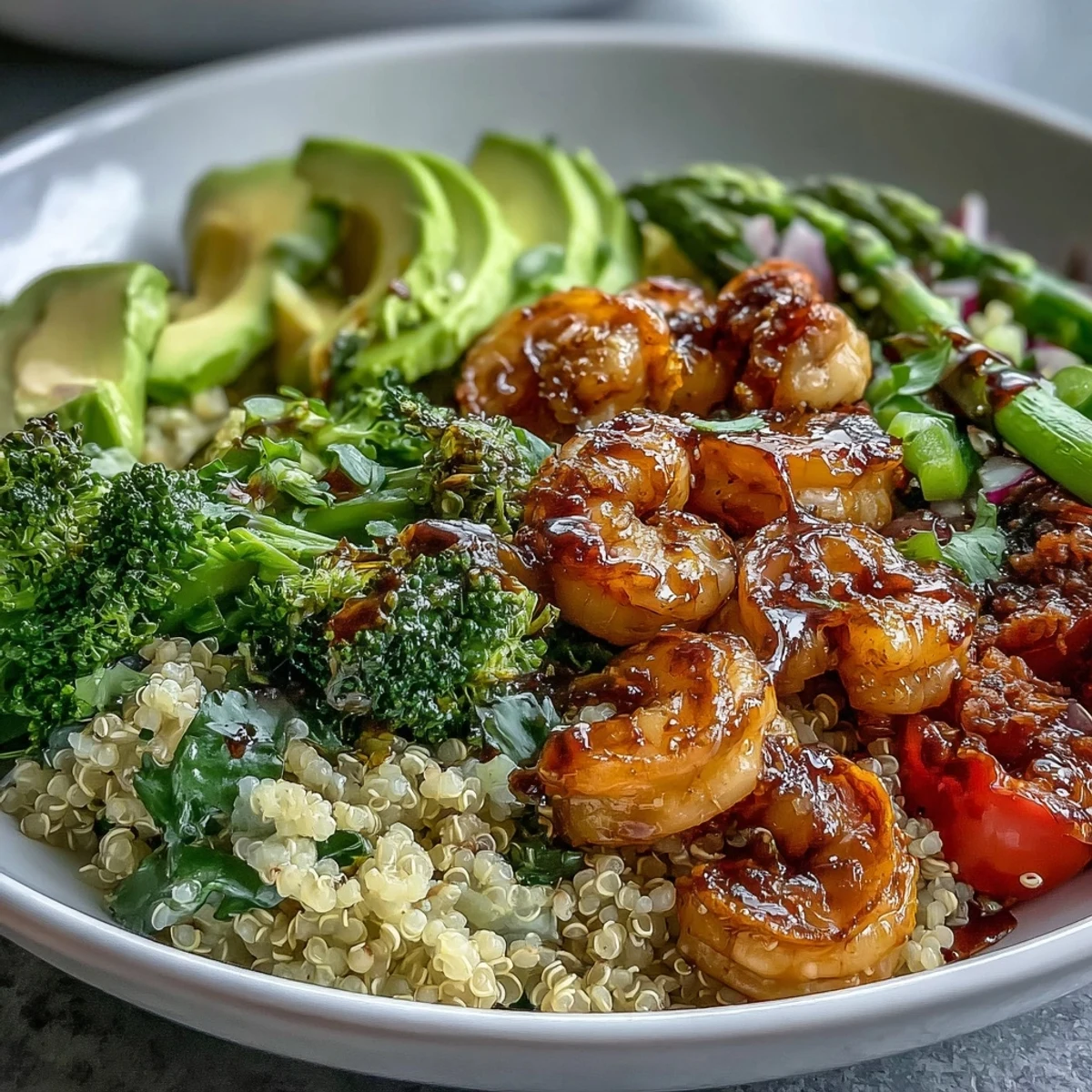 Shrimp and Quinoa Buddha Bowl, bursting with crisp veggies and tangy balsamic dressing.