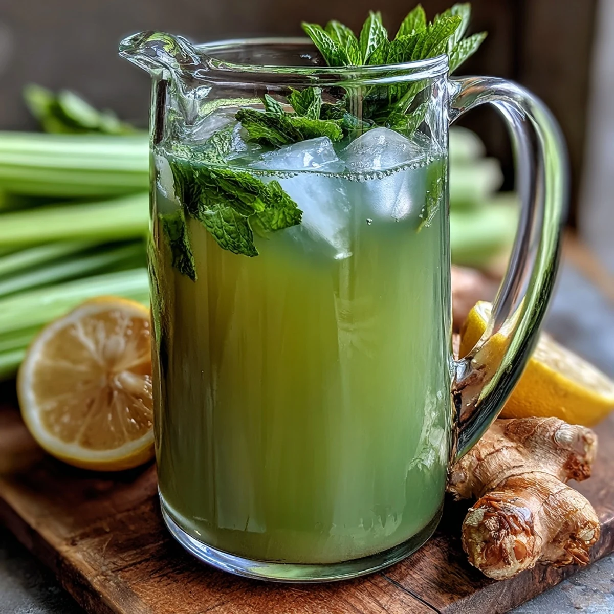 Refreshing Celery Ginger Lemon Juice with mint and a hint of agave.