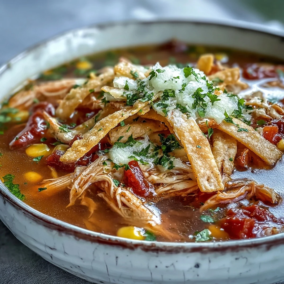 Steaming bowls of Best Chicken Tortilla Soup, topped with golden tortilla strips and fresh cilantro.