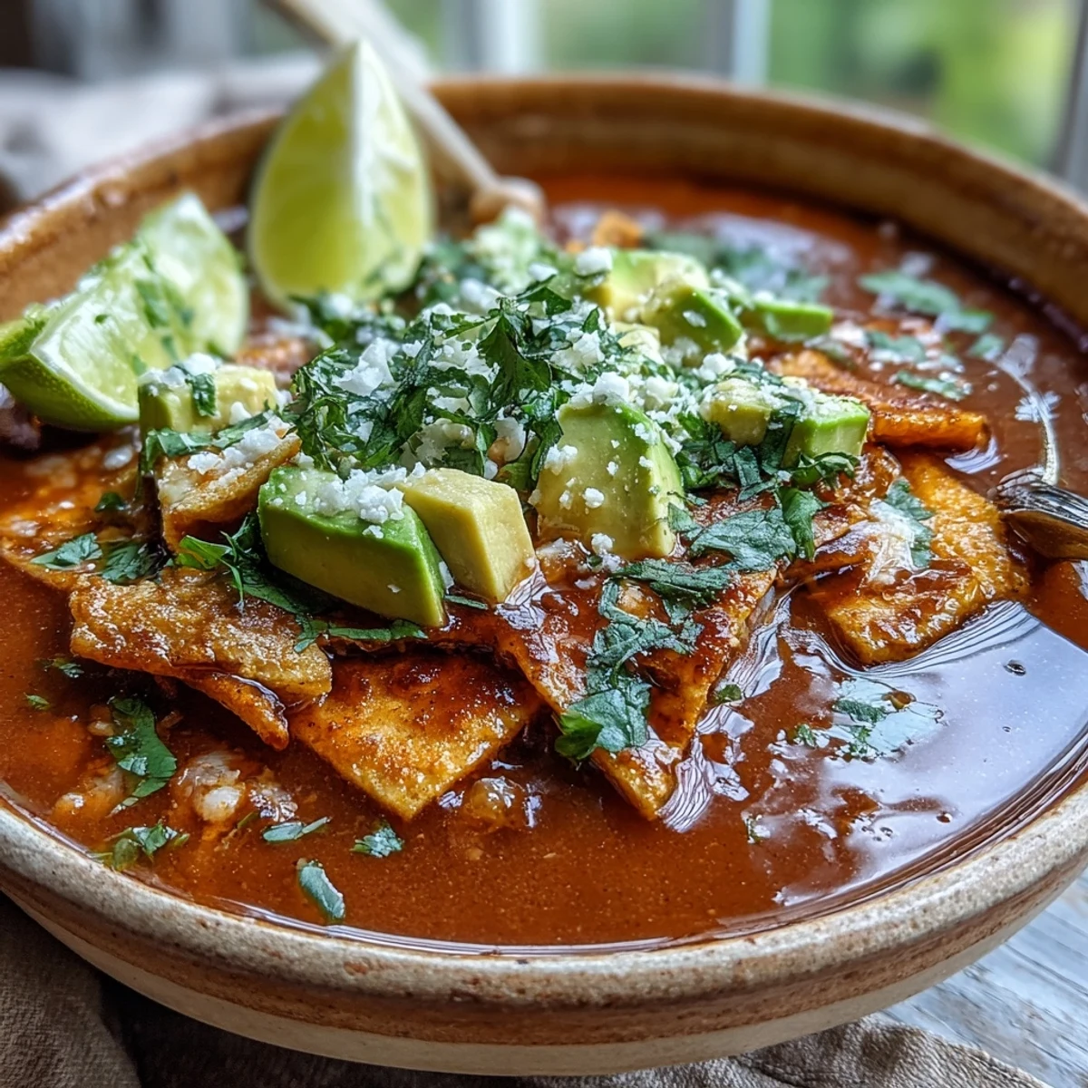 Sopa Azteca is ladled over crunchy corn tortilla strips topped with creamy panela cheese and fresh avocado. 