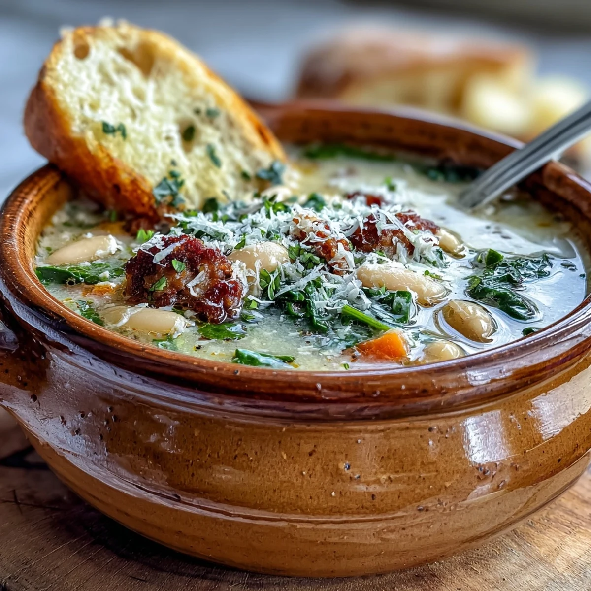 Close-up of Creamy Tuscan White Bean Soup with Sausage and spinach, rich creamy broth and crusty bread beside it.