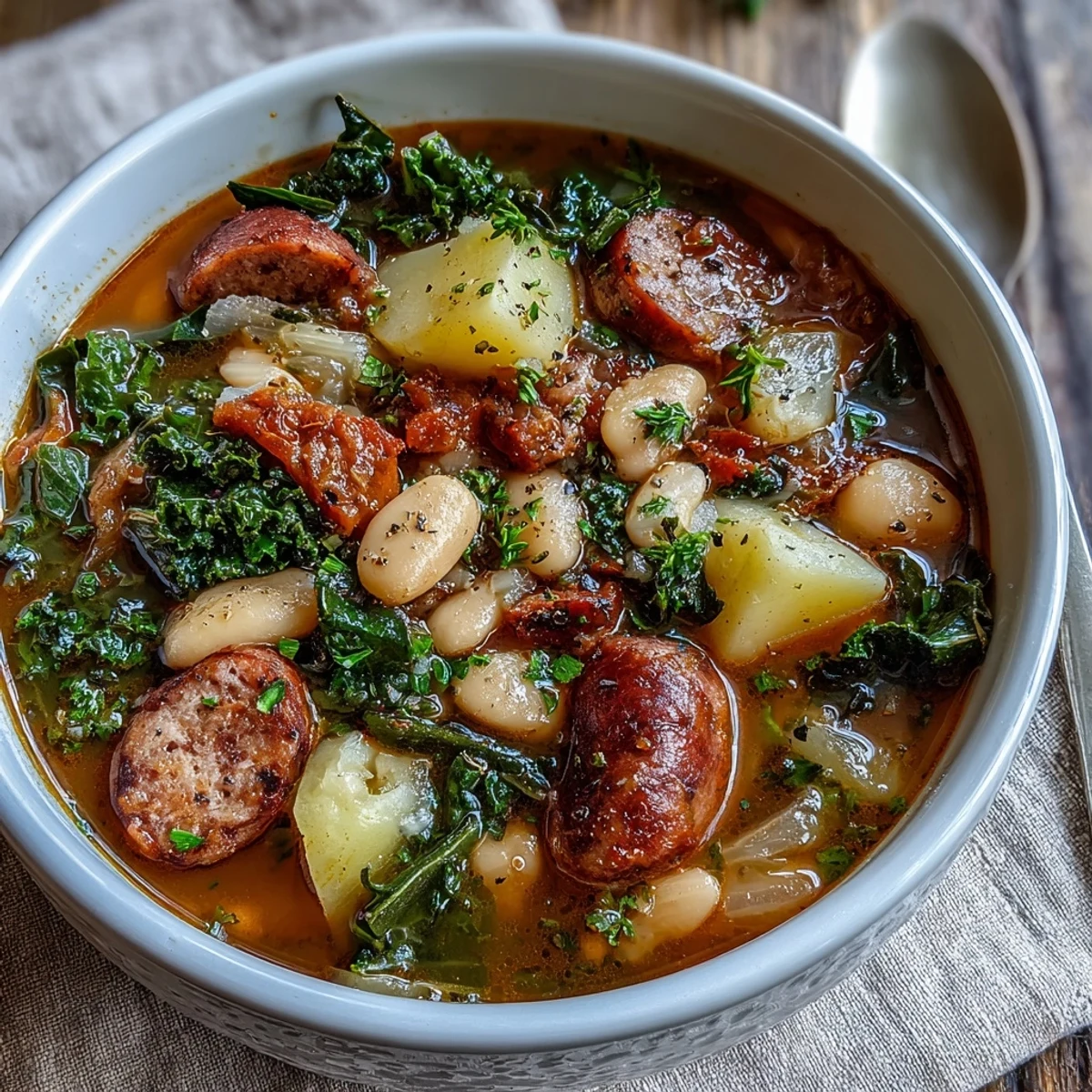 Thick slices of crusty bread are ready for dipping into the steaming Tuscan White Bean Sausage Soup.