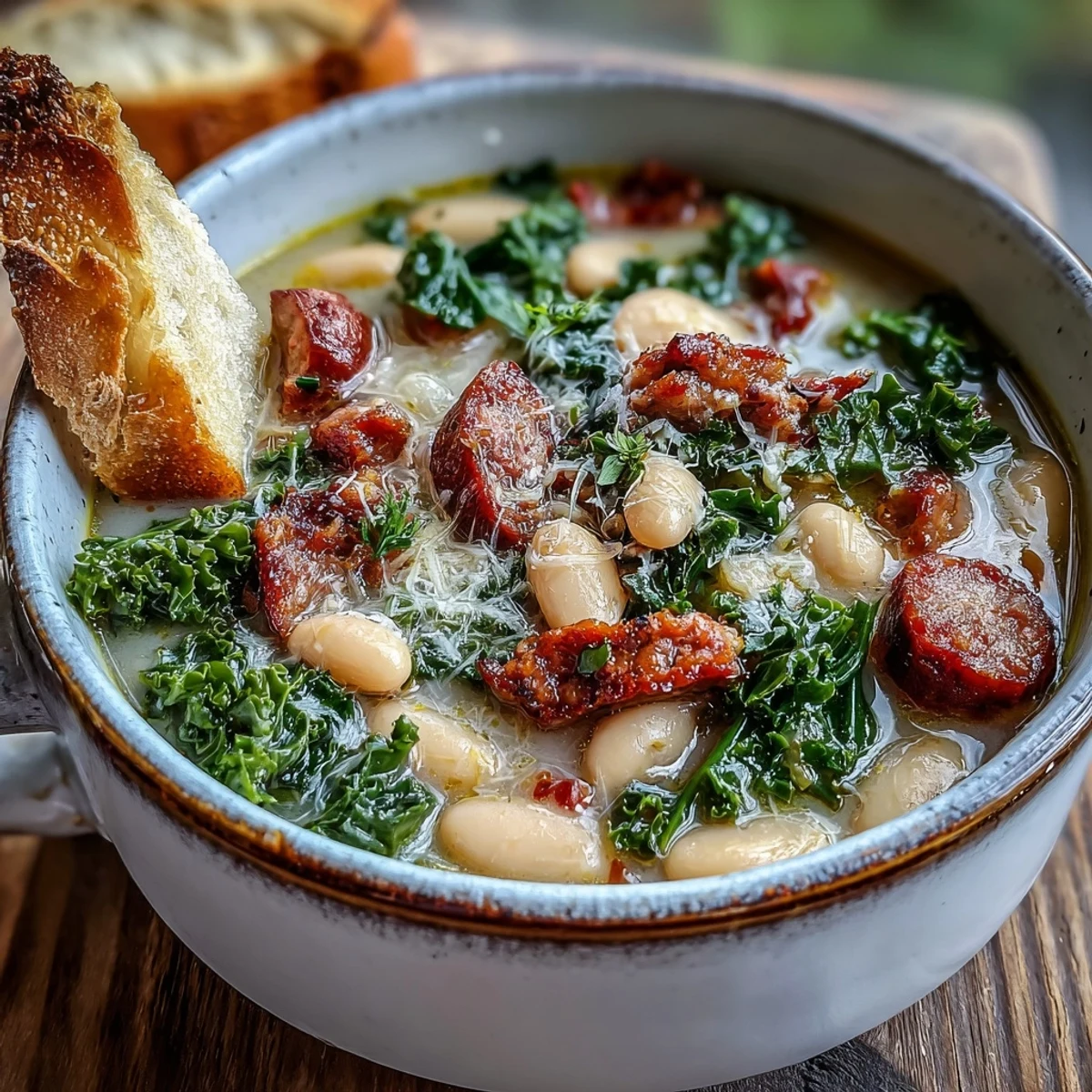 Served in a rustic bowl, this Italian White Bean Soup with Kale and Sausage is topped with grated Parmesan and crusty bread for dipping.
