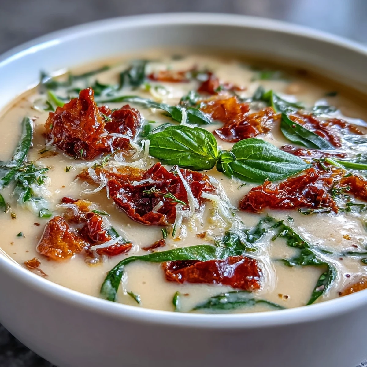 Creamy Tuscan White Bean Soup ladled from the pot, garnished with fresh basil and a swirl of olive oil.
