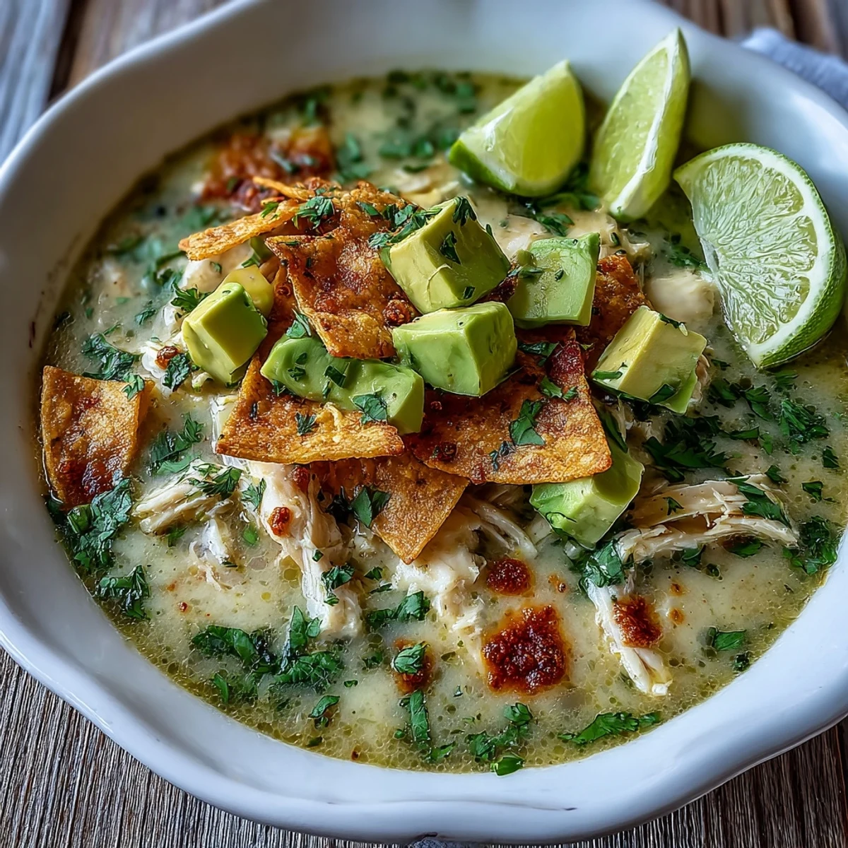 Creamy Chicken Tortilla Soup steams in a rustic bowl, topped with avocado, cilantro, and crushed tortilla chips.