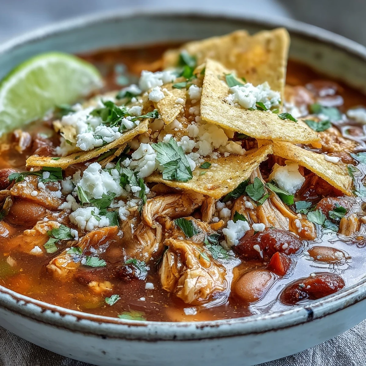 Homemade Chicken Tortilla Soup featuring tender shredded chicken, pinto beans, and corn, garnished with creamy avocado slices and fresh lime wedges.