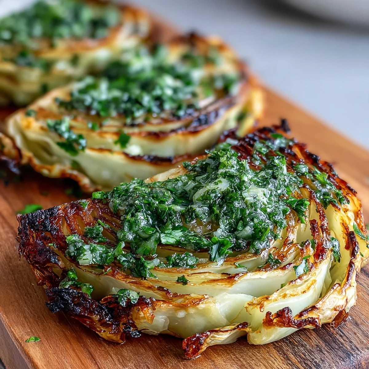 Golden roasted Cabbage Steaks With Jalapeño Chimichurri on a rustic wooden serving board.