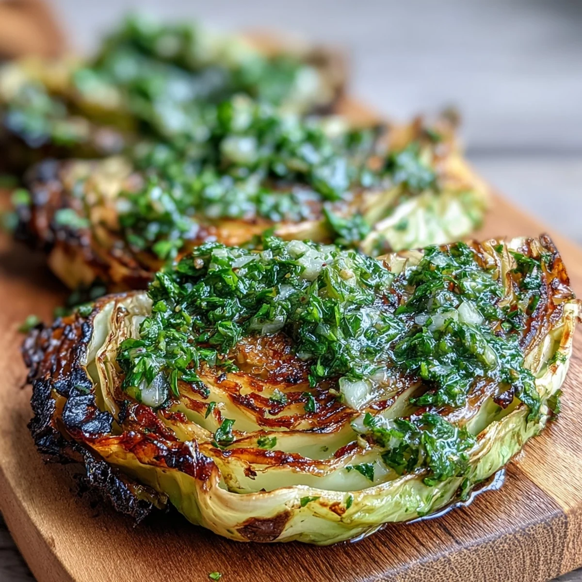 Spicy jalapeño chimichurri sauce generously spooned over caramelized Cabbage Steaks With Jalapeño Chimichurri.