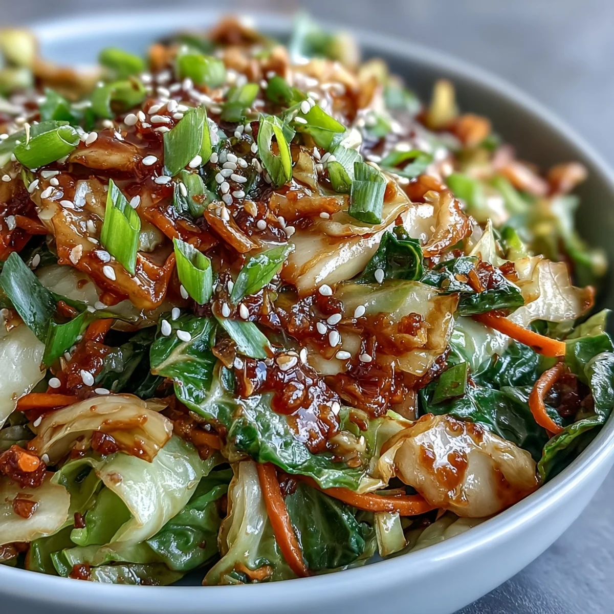 A close-up of Hot and Sour Cabbage stir-fry featuring crisp green cabbage and bright orange carrots tossed in a glistening savory sauce, garnished with fresh scallions and toasted sesame seeds served in a white bowl.