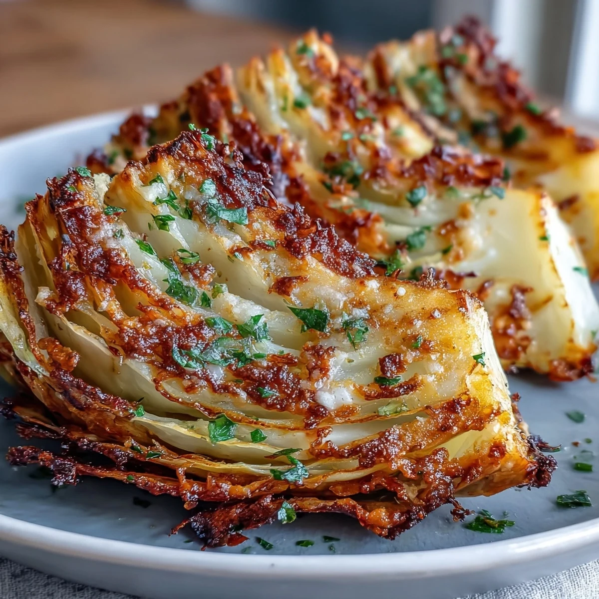 Golden Roasted Garlic Parmesan Cabbage Wedges with crispy, caramelized edges on a serving platter.