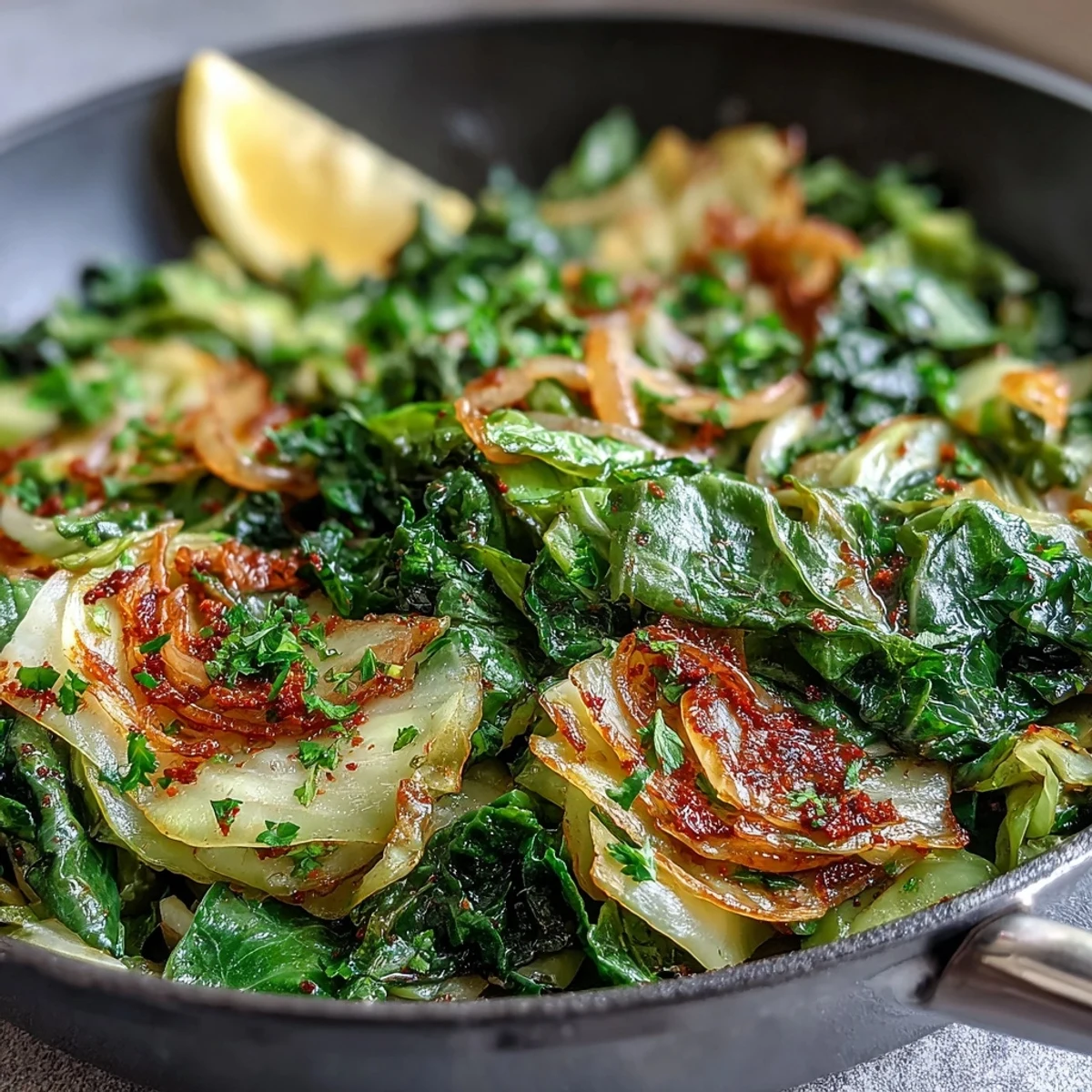 Freshly sautéed cabbage with garlic and Mediterranean spices, garnished with parsley and served with lemon wedges. 