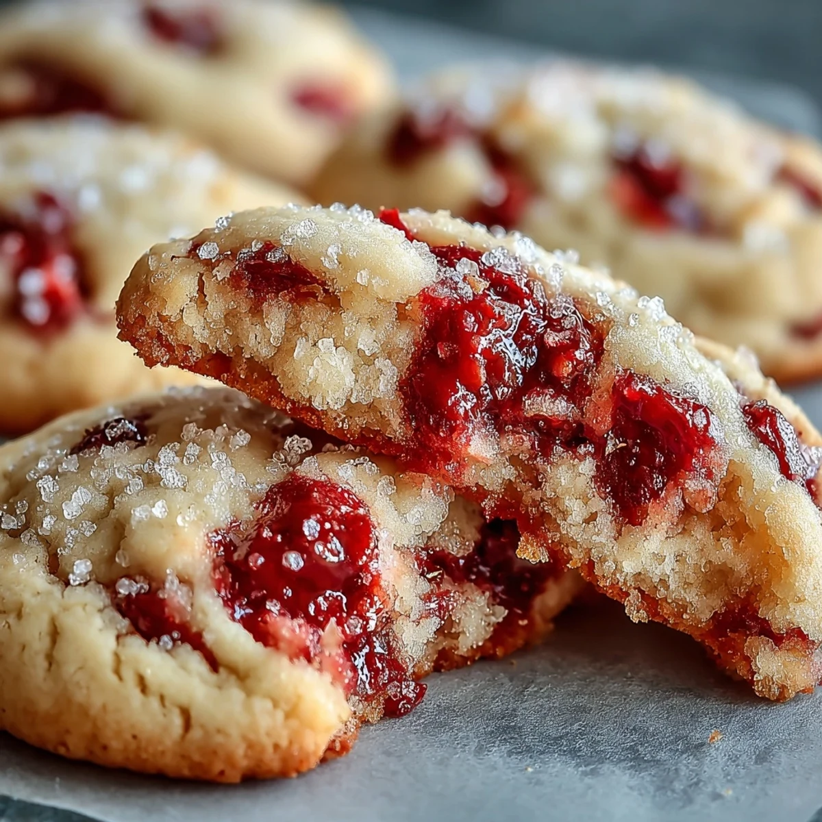 Freshly baked Soft Chewy Raspberry Sugar Cookies with a sparkling sugar crust and jammy berry pockets on a cooling rack.
